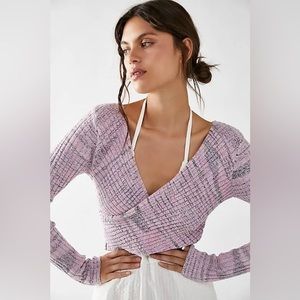 NWT Free People Brooke Lilac Fog Combo Bodycon Sweater Knit Tee Wrap Boho Top S